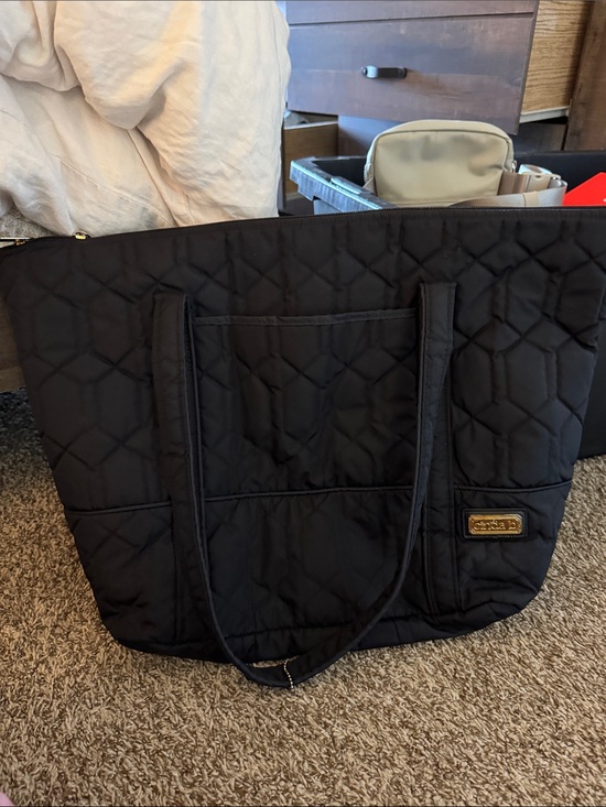 Cinda B Handbags - Quilted Black Tote Bag with Gold Plaque